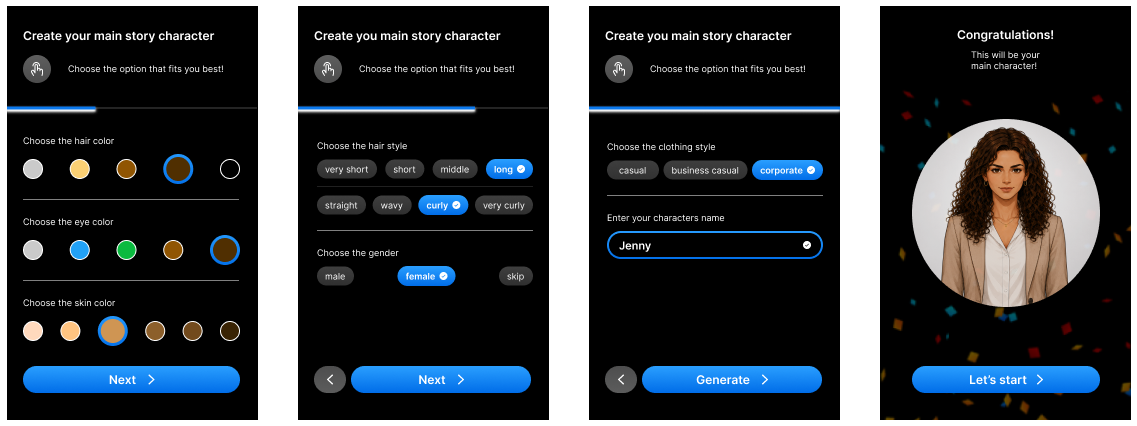 Prototype screens for customizing a main story character by hair, eyes, skin, clothing and name